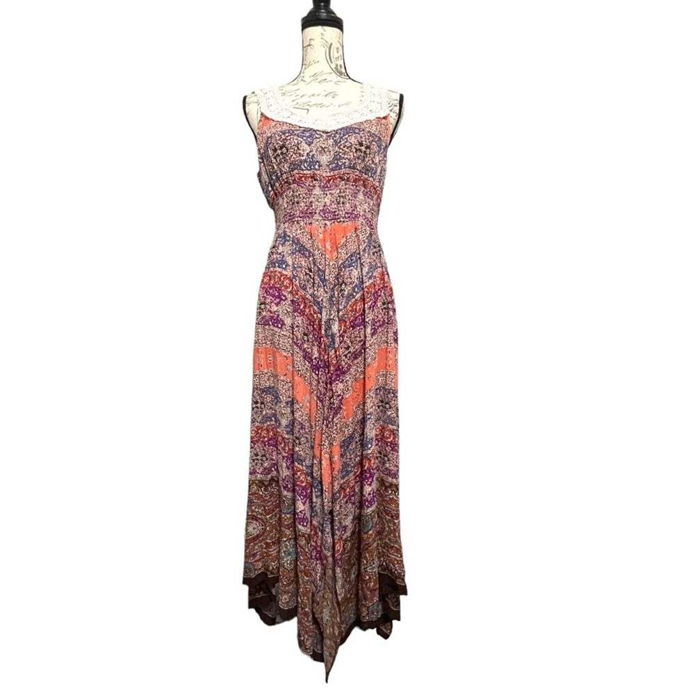 Bila Womens Maxi Dress S Multicolor Boho Handkerchief Hem Smocked Crochet Lace